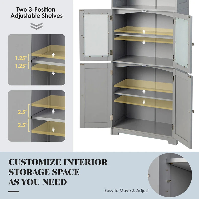 Gymax Bathroom Tall Storage Cabinet Linen Tower w/ Glass Door &