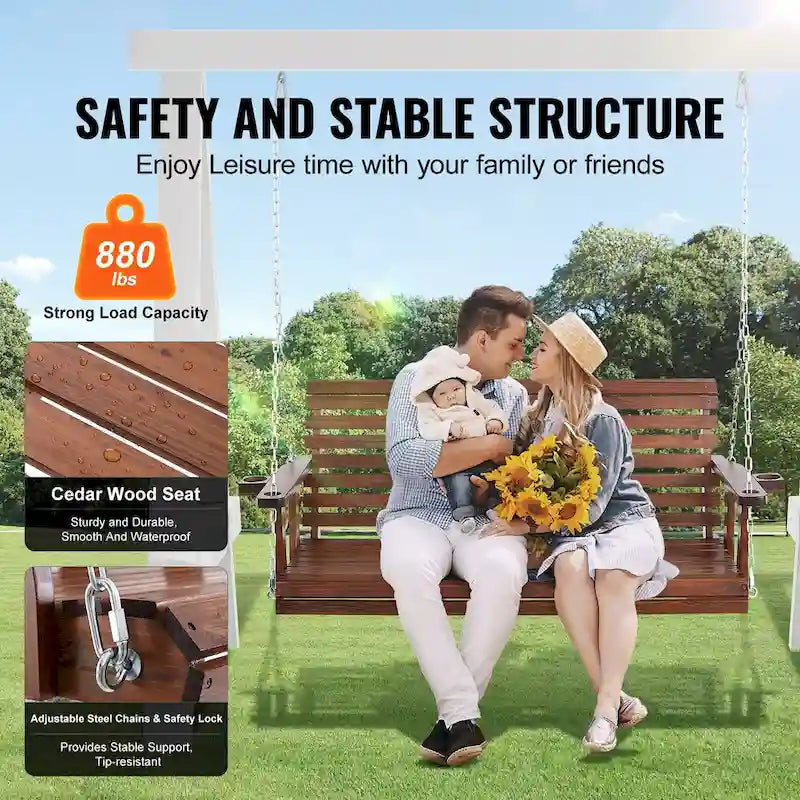 Wooden Porch Swing Heavy Duty Swing Chair Bench with Hanging Chains for Outdoors