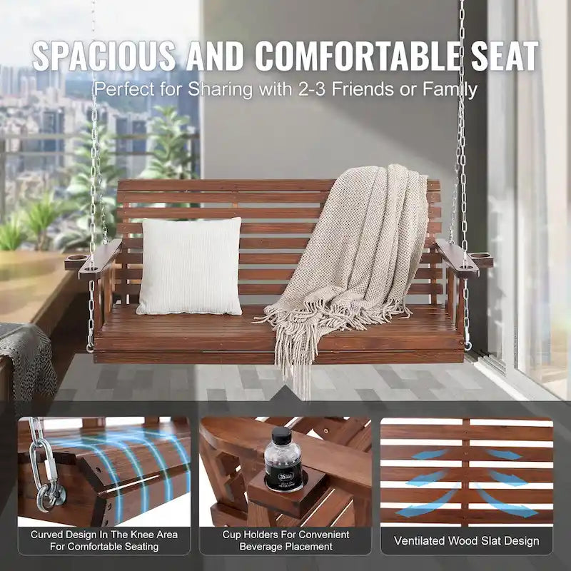 Wooden Porch Swing Heavy Duty Swing Chair Bench with Hanging Chains for Outdoors