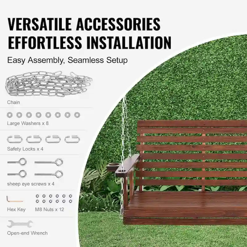 Wooden Porch Swing Heavy Duty Swing Chair Bench with Hanging Chains for Outdoors