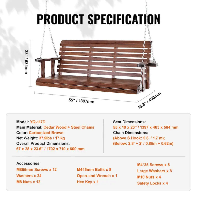 Wooden Porch Swing Heavy Duty Swing Chair Bench with Hanging Chains for Outdoors