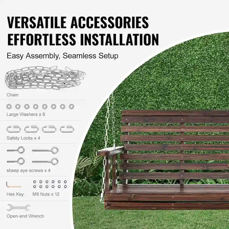 Wooden Porch Swing Heavy Duty Swing Chair Bench with Hanging Chains for Outdoors