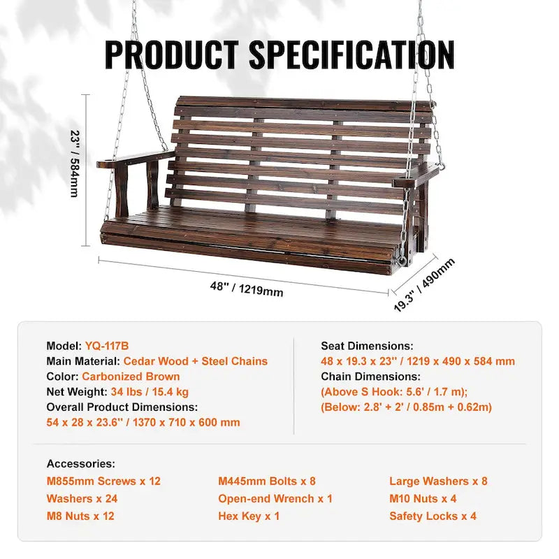 Wooden Porch Swing Heavy Duty Swing Chair Bench with Hanging Chains for Outdoors