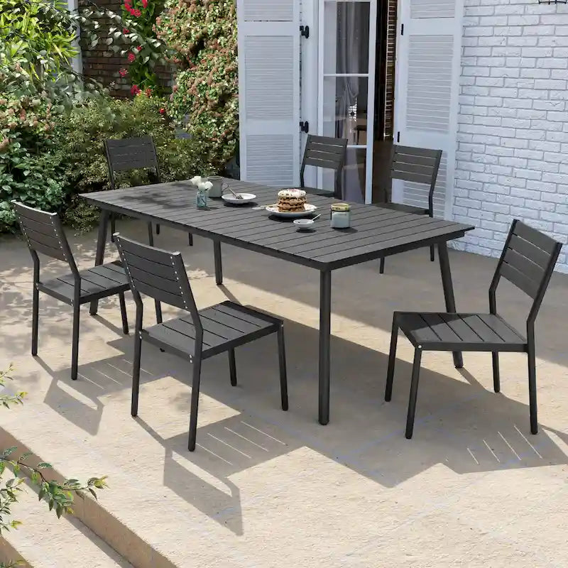 7-Piece Outdoor Rectangle Aluminum Dining Table with Stackable Chairs