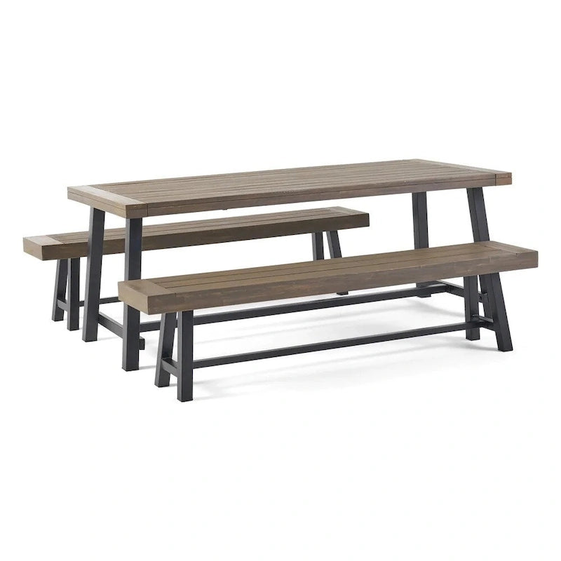 Rustic 3-Piece Outdoor Patio Picnic Dining Set with 2 Benches, Acacia Wood and Iron Frame
