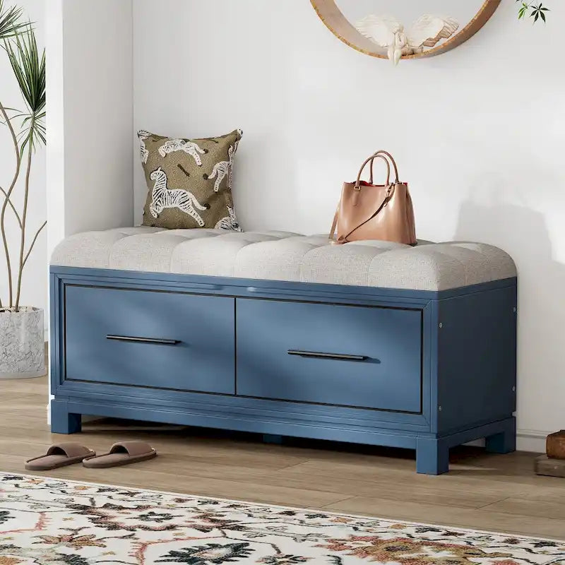 Storage Bench with Cushion - Entryway Shoe Organizer, Pine Wood, 350 LBS Capacity, Removable Cushion, Hidden Storage for Living Room Hallway