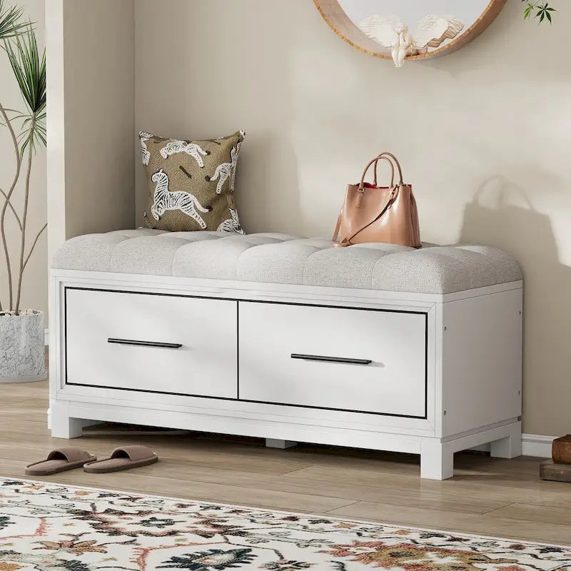 Storage Bench with Cushion - Entryway Shoe Organizer, Pine Wood, 350 LBS Capacity, Removable Cushion, Hidden Storage for Living Room Hallway