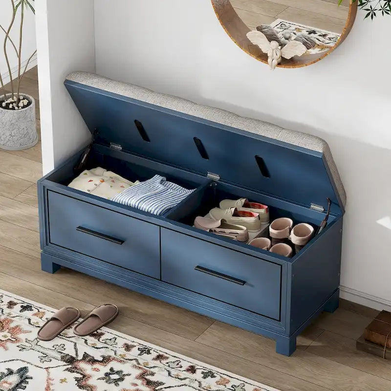 Storage Bench with Cushion - Entryway Shoe Organizer, Pine Wood, 350 LBS Capacity, Removable Cushion, Hidden Storage for Living Room Hallway