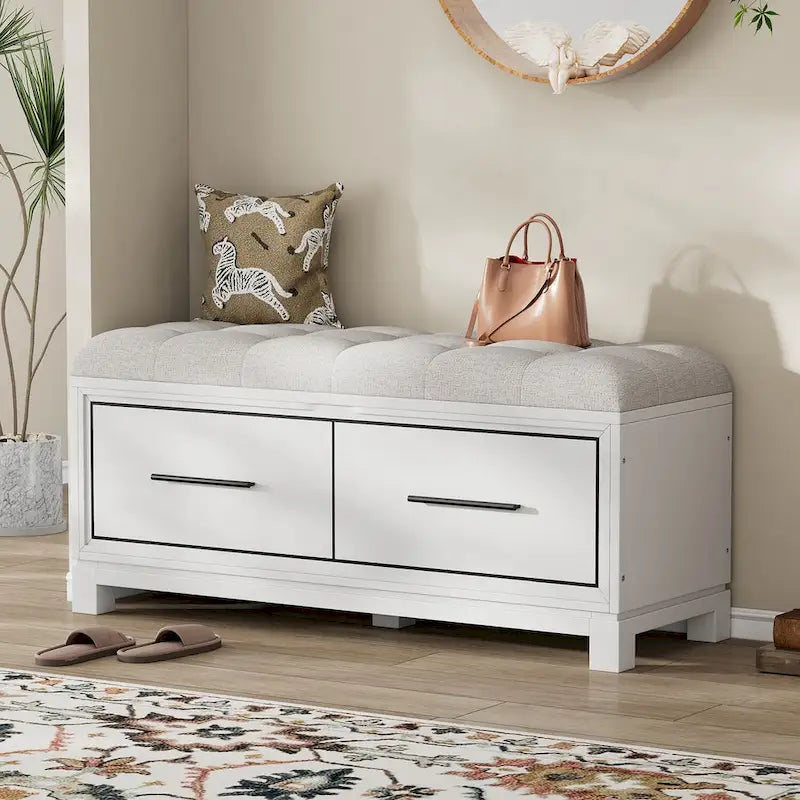 Storage Bench with Cushion - Entryway Shoe Organizer, Pine Wood, 350 LBS Capacity, Removable Cushion, Hidden Storage for Living Room Hallway