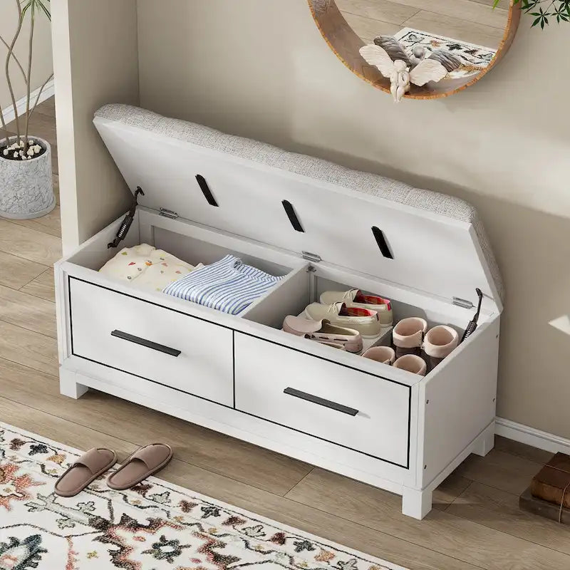 Storage Bench with Cushion - Entryway Shoe Organizer, Pine Wood, 350 LBS Capacity, Removable Cushion, Hidden Storage for Living Room Hallway