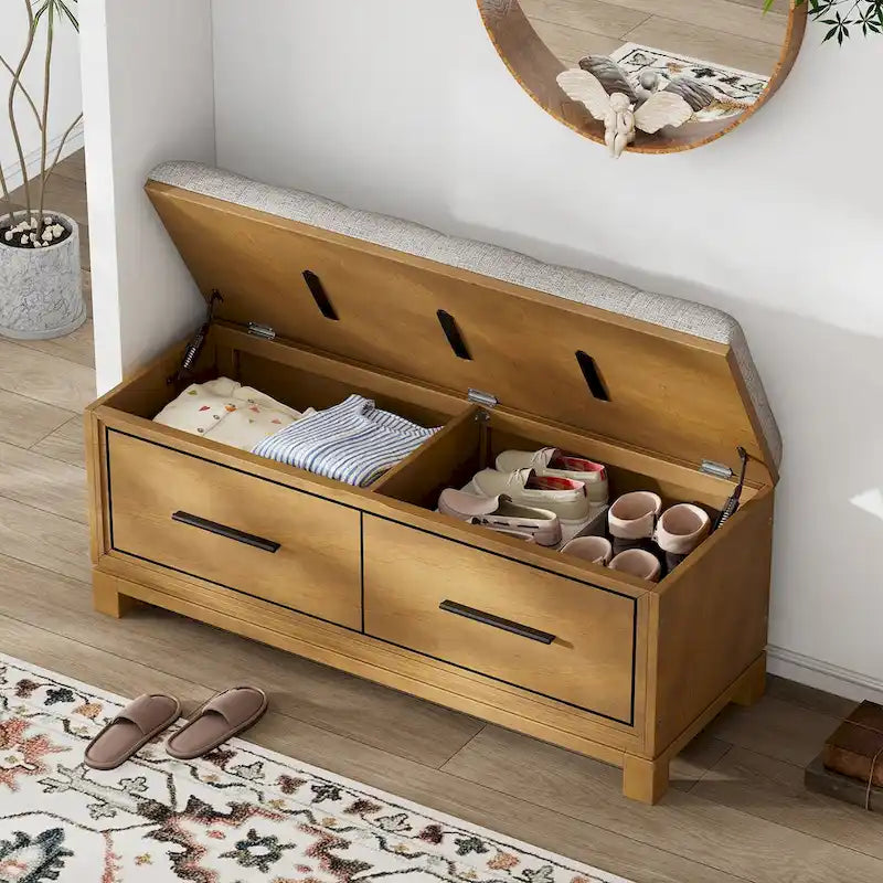 Storage Bench with Cushion - Entryway Shoe Organizer, Pine Wood, 350 LBS Capacity, Removable Cushion, Hidden Storage for Living Room Hallway