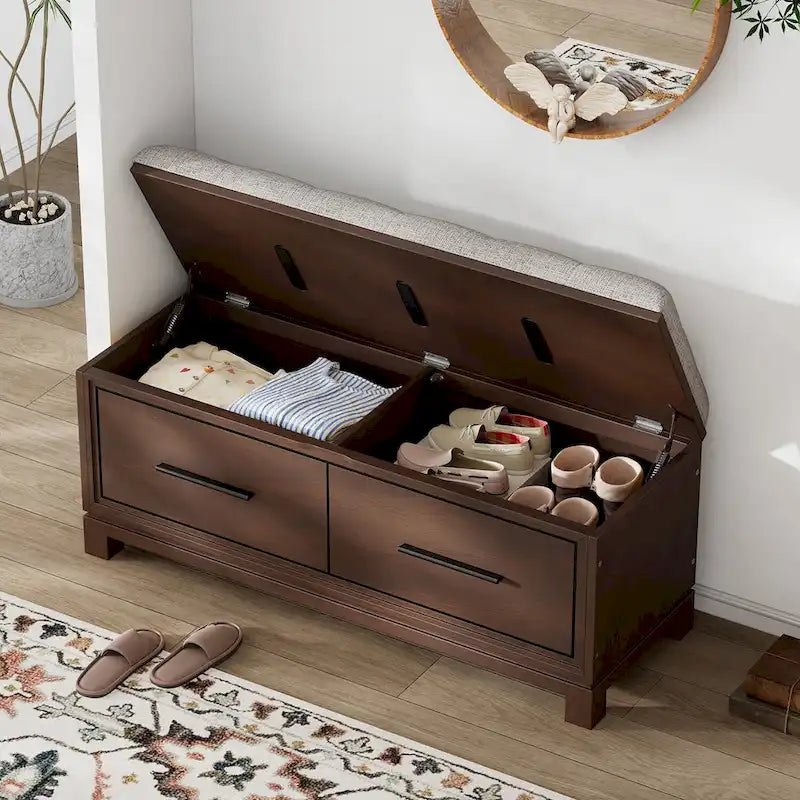 Storage Bench with Cushion - Entryway Shoe Organizer, Pine Wood, 350 LBS Capacity, Removable Cushion, Hidden Storage for Living Room Hallway