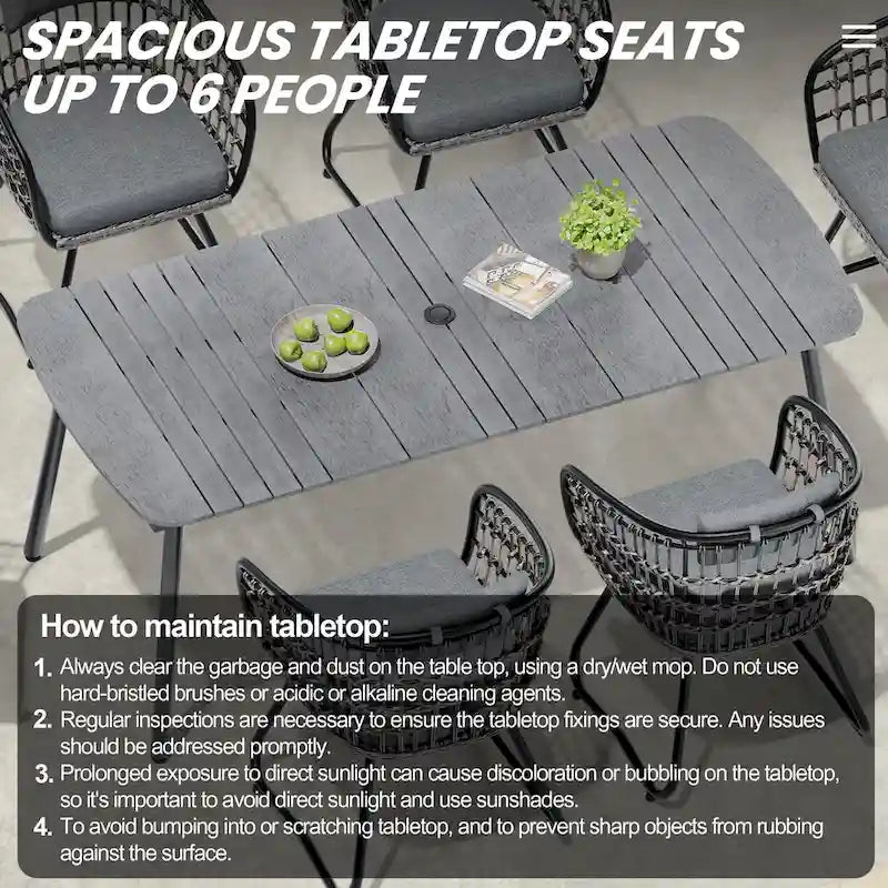 7-Piece Patio Dining Set Aluminum Outdoor Table with Umbrella Hole with Rattan Chairs