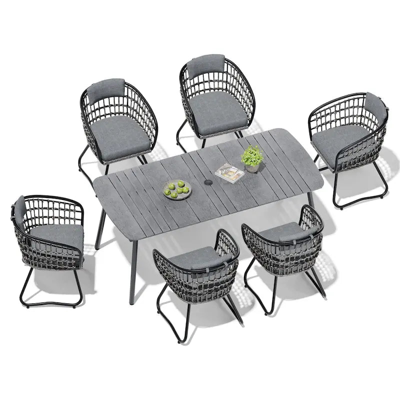 7-Piece Patio Dining Set Aluminum Outdoor Table with Umbrella Hole with Rattan Chairs