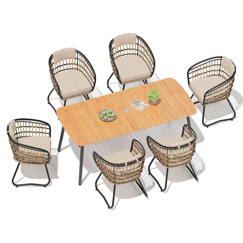 7-Piece Patio Dining Set Aluminum Outdoor Table with Umbrella Hole with Rattan Chairs
