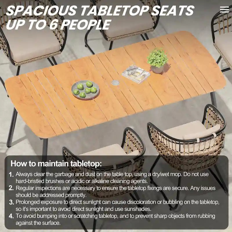 7-Piece Patio Dining Set Aluminum Outdoor Table with Umbrella Hole with Rattan Chairs