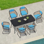 7-Piece Patio Dining Set Aluminum Outdoor Table with Umbrella Hole with Rattan Chairs