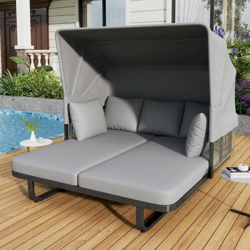 57  Outdoor Rattan Daybed with Canopy and Cushion