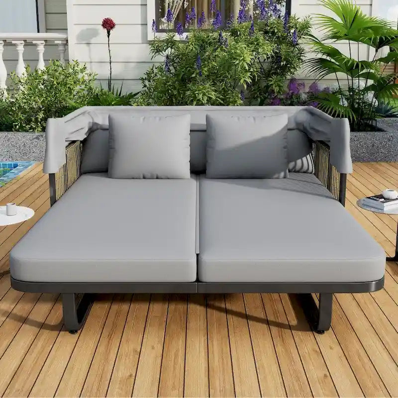 57  Outdoor Rattan Daybed with Canopy and Cushion
