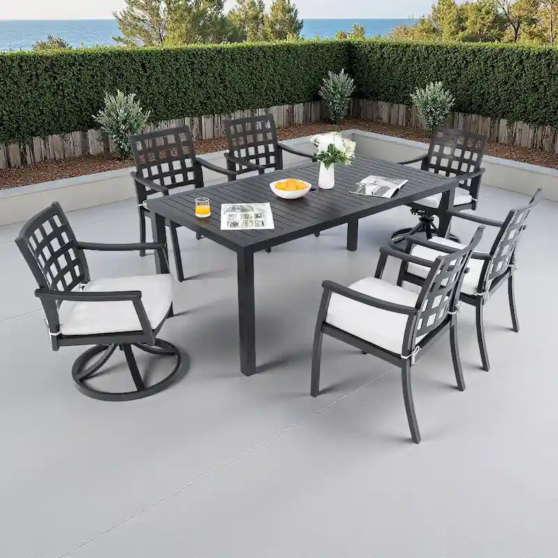 7-Piece Outdoor Patio Aluminum Dining Set with 67  Rectangular Table, 2 Swivel Rocker & 4 Armchairs, and Umbrella Hole
