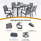 7-Piece Outdoor Patio Aluminum Dining Set with 67  Rectangular Table, 2 Swivel Rocker & 4 Armchairs, and Umbrella Hole
