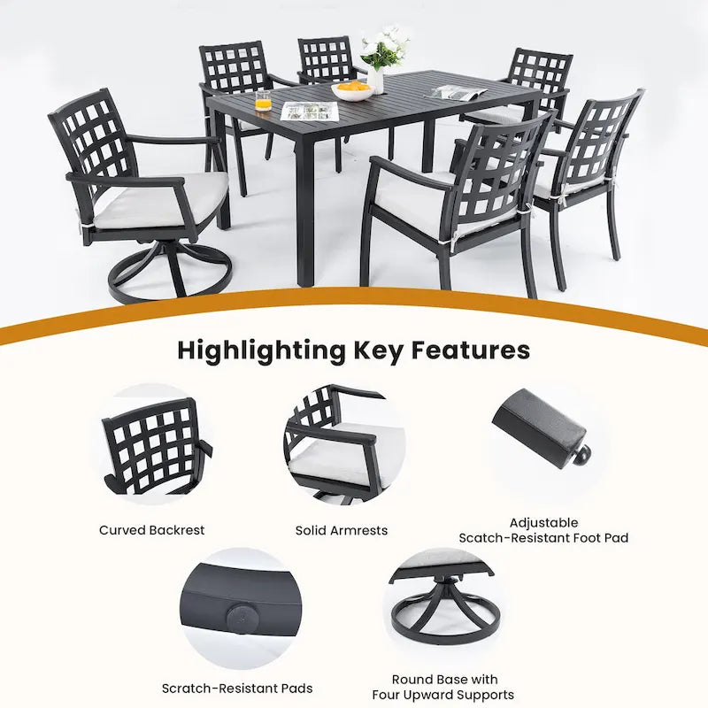 7-Piece Outdoor Patio Aluminum Dining Set with 67  Rectangular Table, 2 Swivel Rocker & 4 Armchairs, and Umbrella Hole