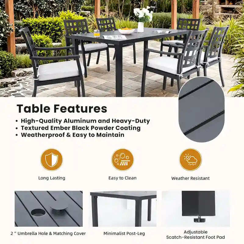 7-Piece Outdoor Patio Aluminum Dining Set with 67  Rectangular Table, 2 Swivel Rocker & 4 Armchairs, and Umbrella Hole