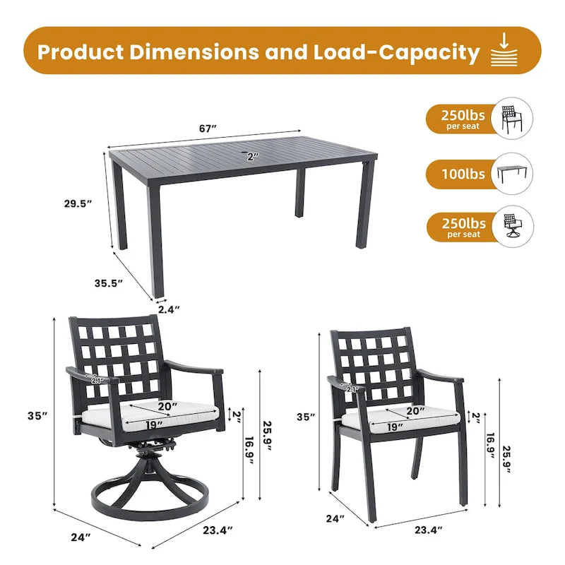7-Piece Outdoor Patio Aluminum Dining Set with 67  Rectangular Table, 2 Swivel Rocker & 4 Armchairs, and Umbrella Hole