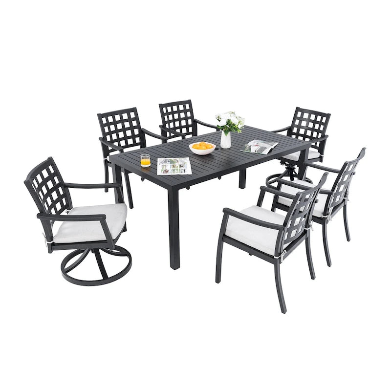 7-Piece Outdoor Patio Aluminum Dining Set with 67  Rectangular Table, 2 Swivel Rocker & 4 Armchairs, and Umbrella Hole