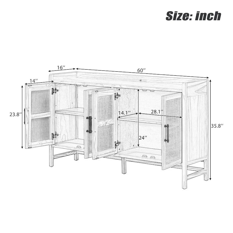 Rattan Door Sideboard Buffet Cabinet - 4 Door Storage Console with Adjustable Shelves for Dining Room Living Room - Natural Wood Finish