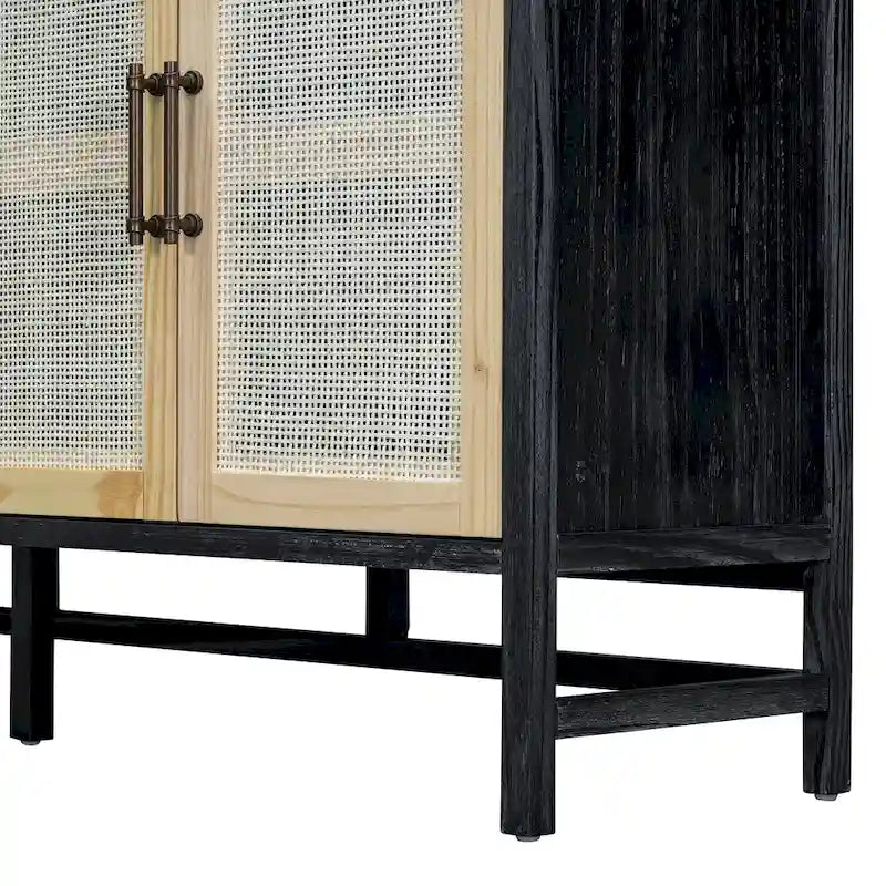 Rattan Door Sideboard Buffet Cabinet - 4 Door Storage Console with Adjustable Shelves for Dining Room Living Room - Natural Wood Finish