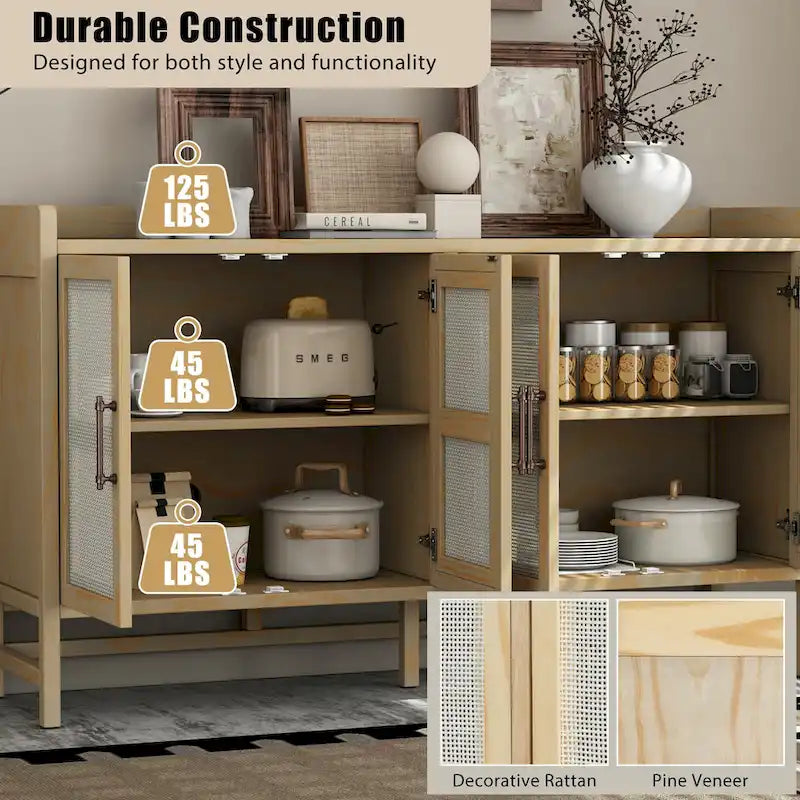 Rattan Door Sideboard Buffet Cabinet - 4 Door Storage Console with Adjustable Shelves for Dining Room Living Room - Natural Wood Finish