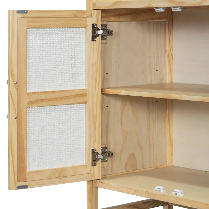 Rattan Door Sideboard Buffet Cabinet - 4 Door Storage Console with Adjustable Shelves for Dining Room Living Room - Natural Wood Finish