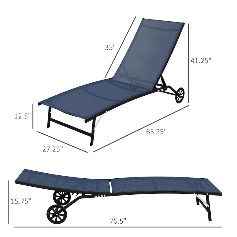 Chaise Lounge Outdoor, 2 Piece Lounge Chair with Wheels with 5 Adjustable Position for Patio, Beach, Yard, Pool