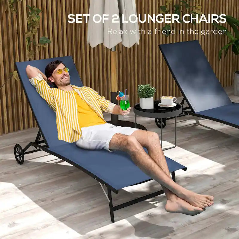 Chaise Lounge Outdoor, 2 Piece Lounge Chair with Wheels with 5 Adjustable Position for Patio, Beach, Yard, Pool