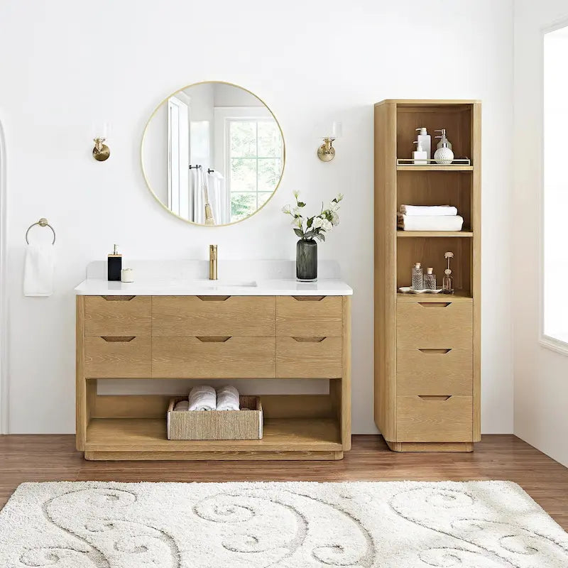 72" Solid Oak Wood Free Standing Linen Tower with 3 Soft-Close Drawers & Shelves - Natural Storage Cabinet