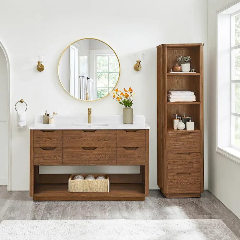 72" Solid Oak Wood Free Standing Linen Tower with 3 Soft-Close Drawers & Shelves - Natural Storage Cabinet