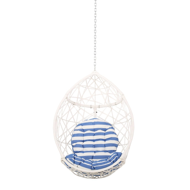 Kiwi Hanging Basket Chair w Chain, Egg Shape, Rattan Weaving, White