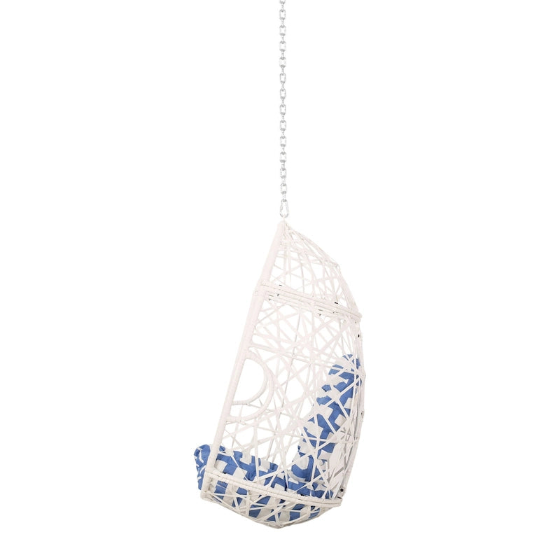 Kiwi Hanging Basket Chair w Chain, Egg Shape, Rattan Weaving, White