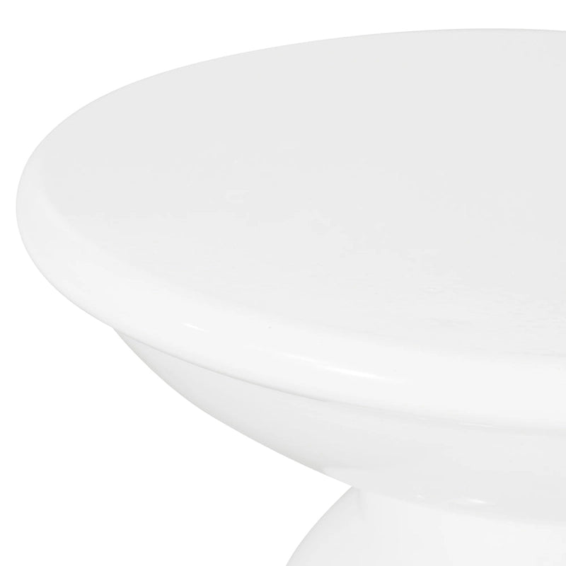 Suma Outdoor End Table, Round 15 Inch Top, Pedestal Base, White Iron
