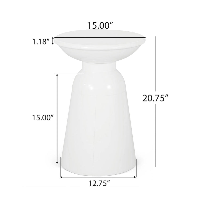 Suma Outdoor End Table, Round 15 Inch Top, Pedestal Base, White Iron