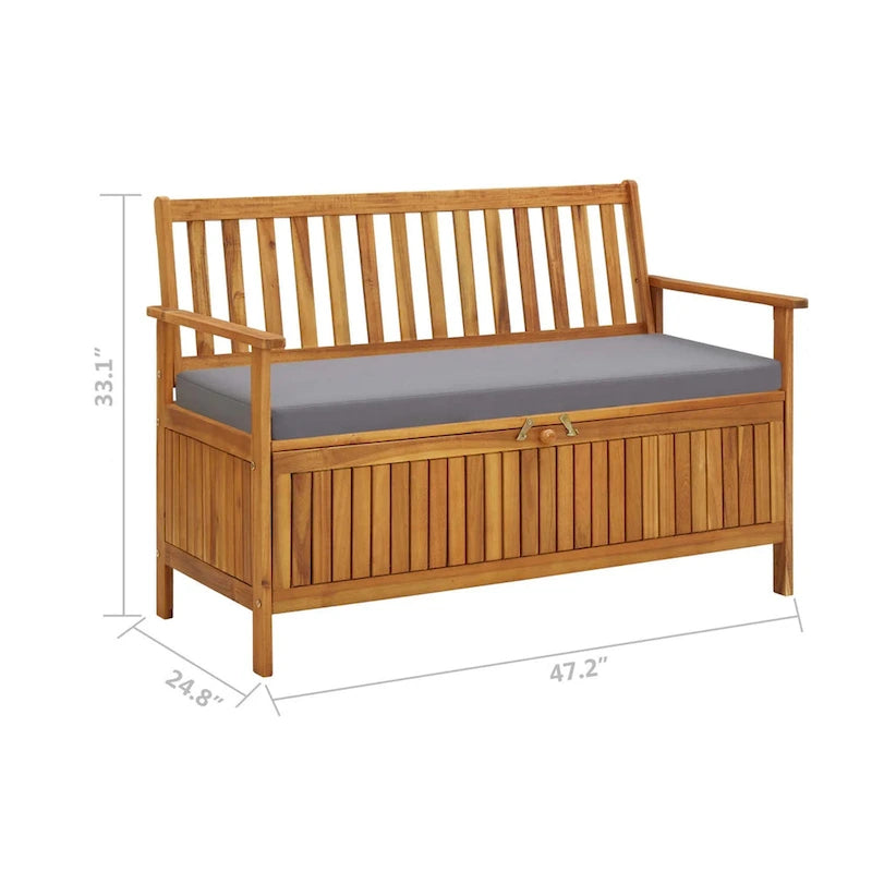 Outdoor Storage Bench, Brown Solid Acacia Wood, Gray Fabric, 47 Inch