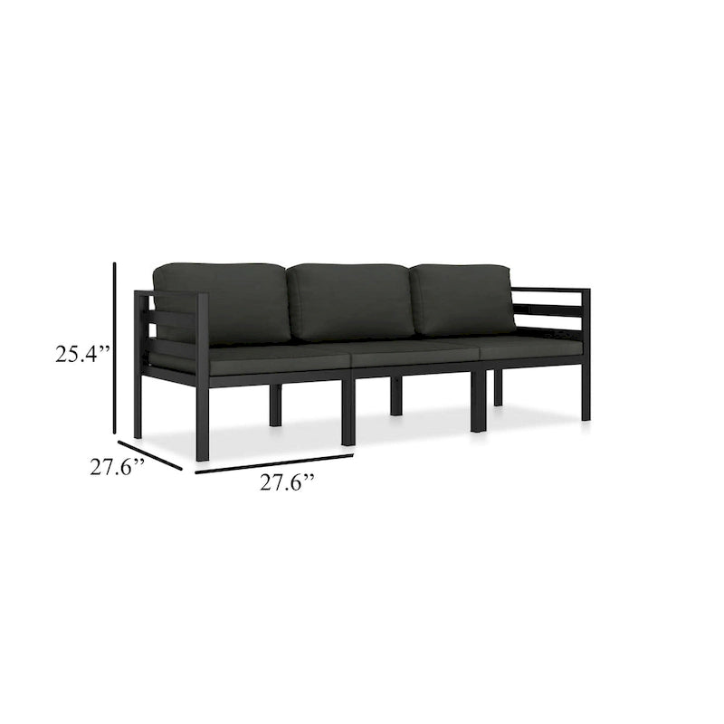 Shina 3pc Outdoor Modular Sofa Set, Black Metal, Dark Gray Cushions