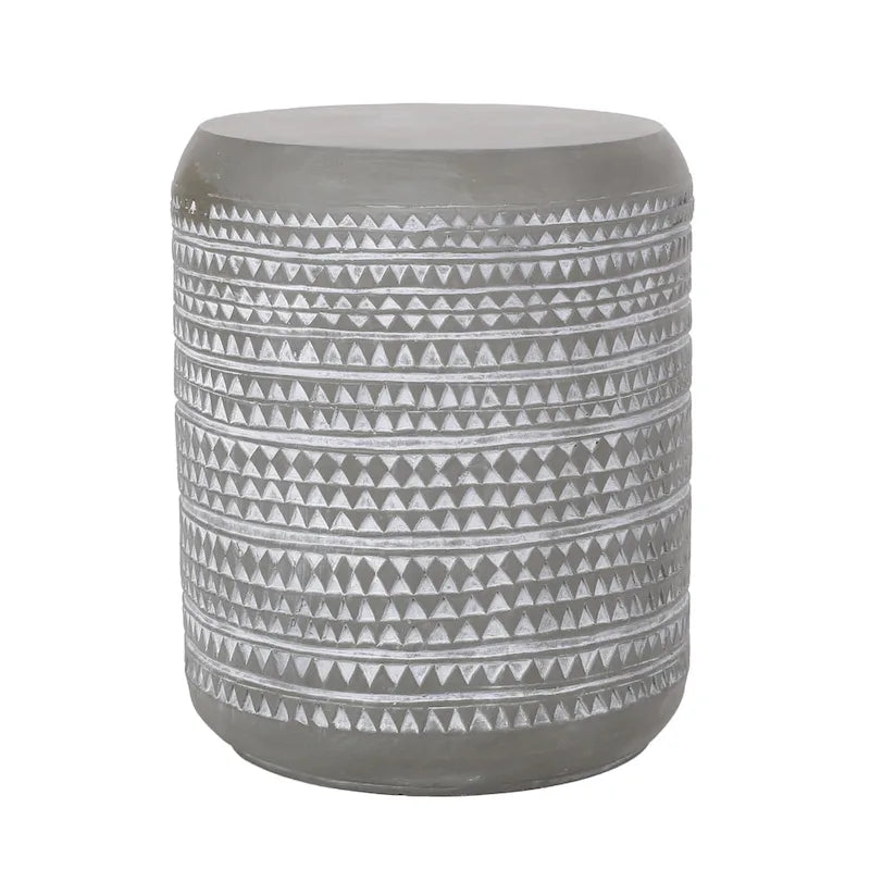 Outdoor End Table, 16 Inch Round Gray Faux Concrete w White Pattern