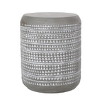 Outdoor End Table, 16 Inch Round Gray Faux Concrete w White Pattern