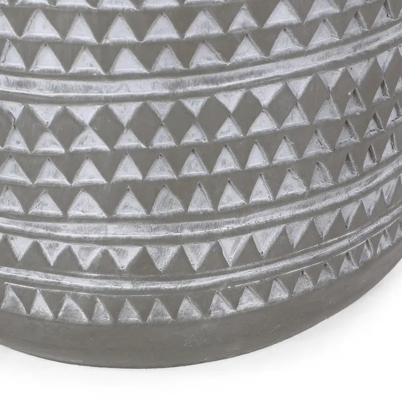 Outdoor End Table, 16 Inch Round Gray Faux Concrete w White Pattern