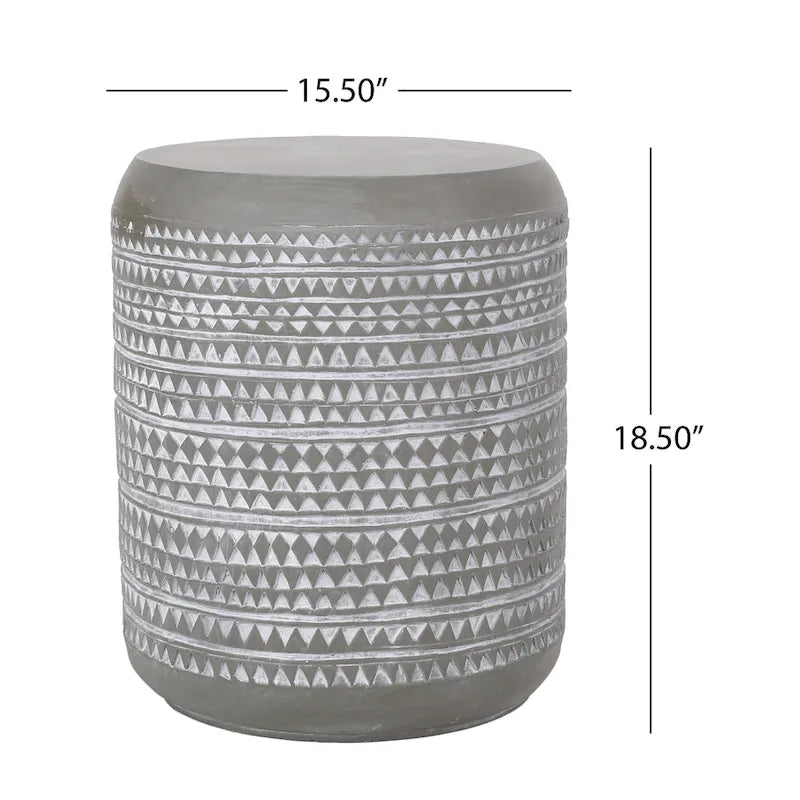 Outdoor End Table, 16 Inch Round Gray Faux Concrete w White Pattern