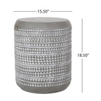 Outdoor End Table, 16 Inch Round Gray Faux Concrete w White Pattern