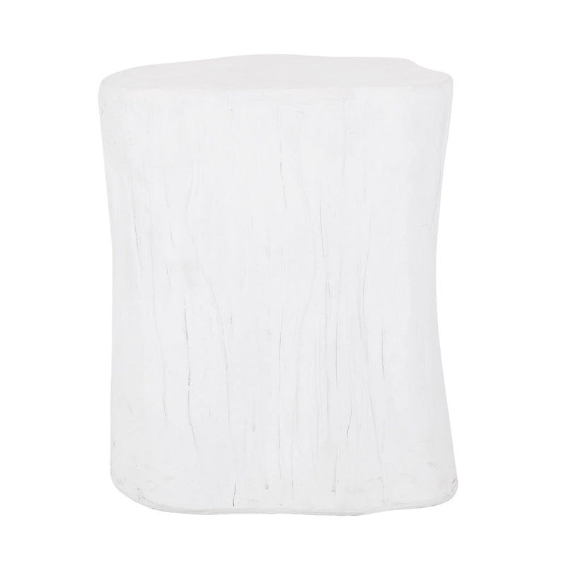 Outdoor End Table, Tree Stump Design, White Concrete Frame, 16 Inch