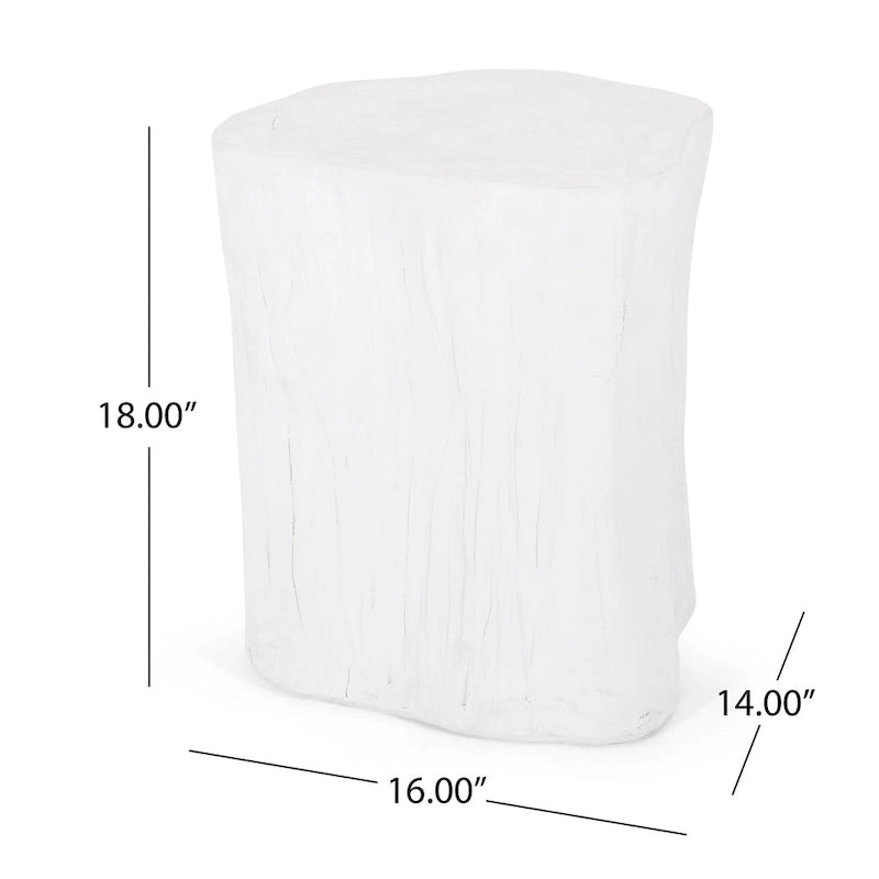 Outdoor End Table, Tree Stump Design, White Concrete Frame, 16 Inch